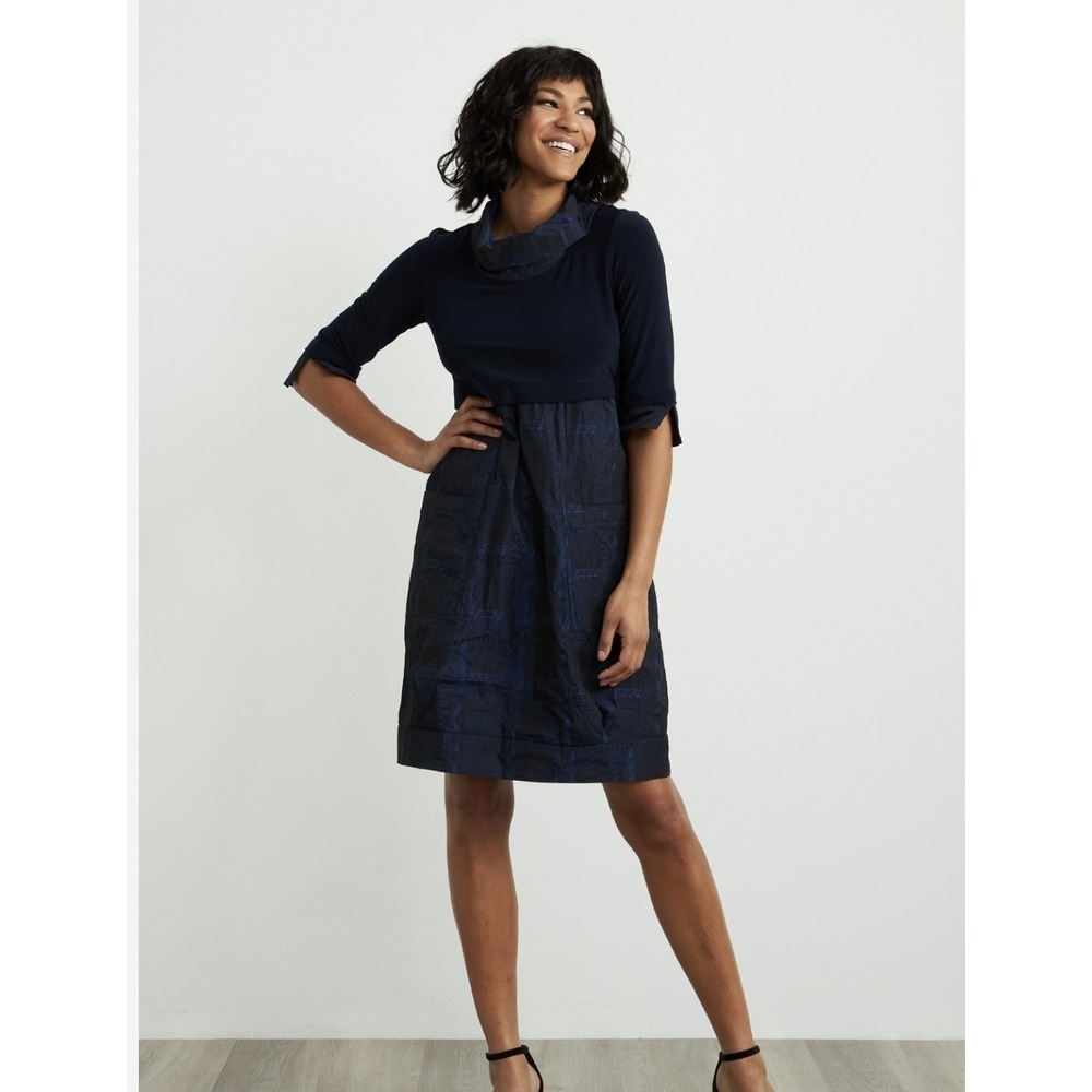 Joseph Ribkoff Cocoon Dress Blue Textured Midi Cowl Neck Pocket Career Chic Sz 4